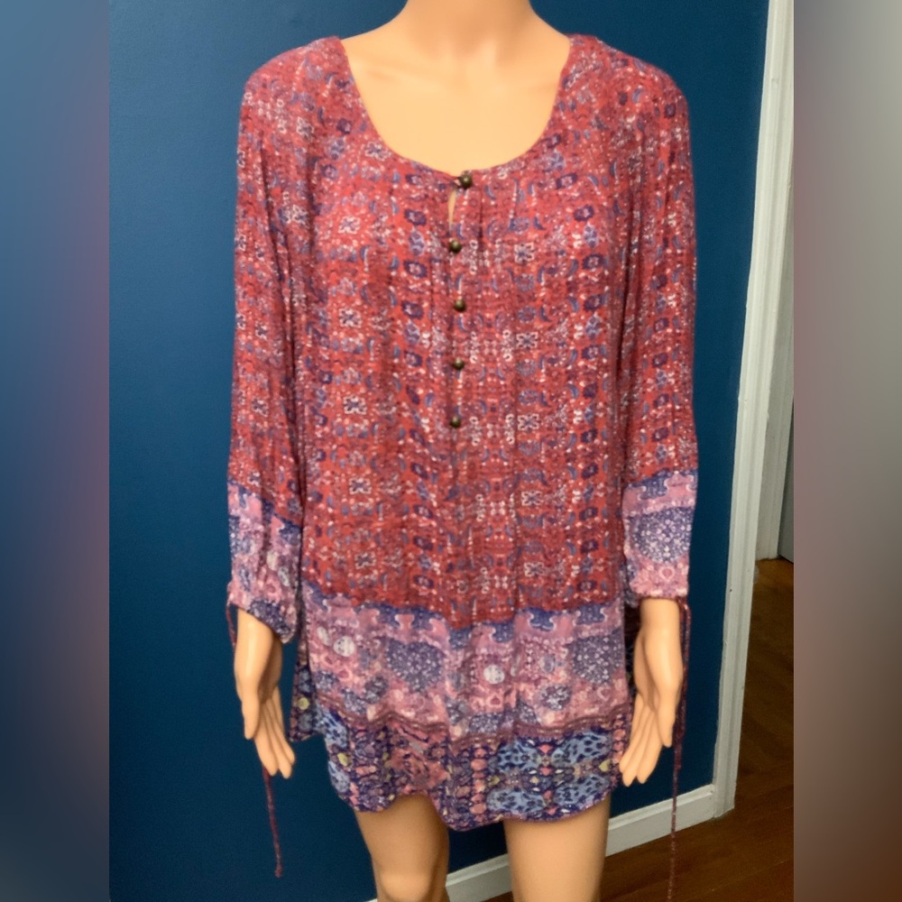 Lucky Brand Red and Purple Mixed-Print Peasant Blouse